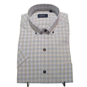 Camisa hombre manga corta cuadros beige y azul Kent’s 03