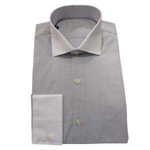 Camisa gris, cuello y puños blancos, de vestir Elías Algodón Mercerizado Entallada